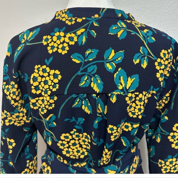 J. Crew Floral Wrap Top M Tall Navy Long Sleeve Tie Waist Blouse - Picture 2 of 4